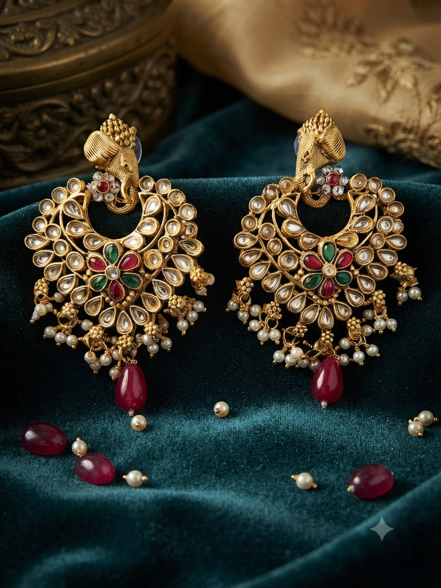 Gajraj Ruby Red & Emerald Kundan Chandbali Earrings