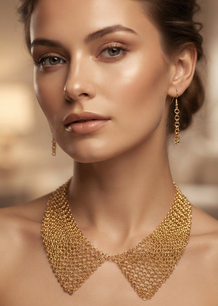 Elara Gold Mesh Earrings & Necklace