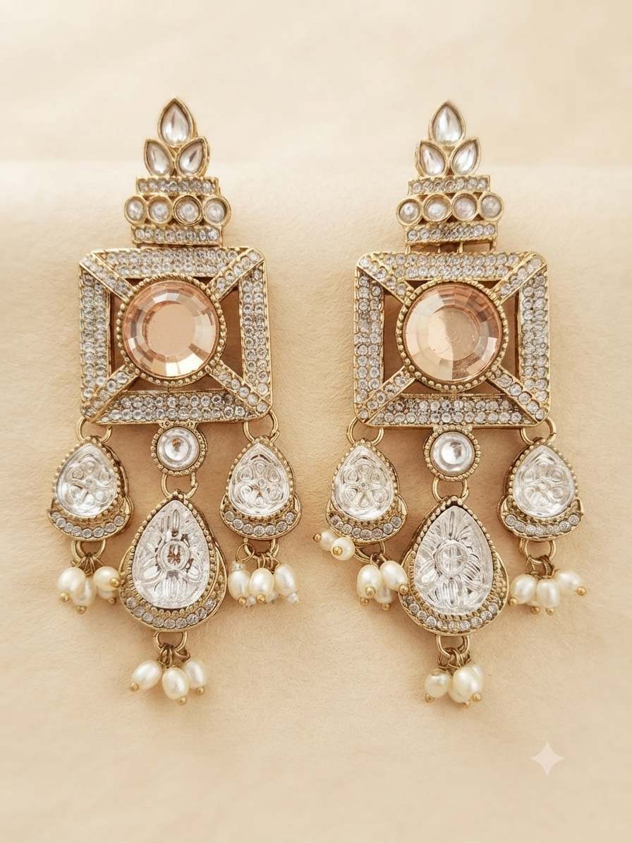Royal Kundan Mirror Drop Chandbali Earrings