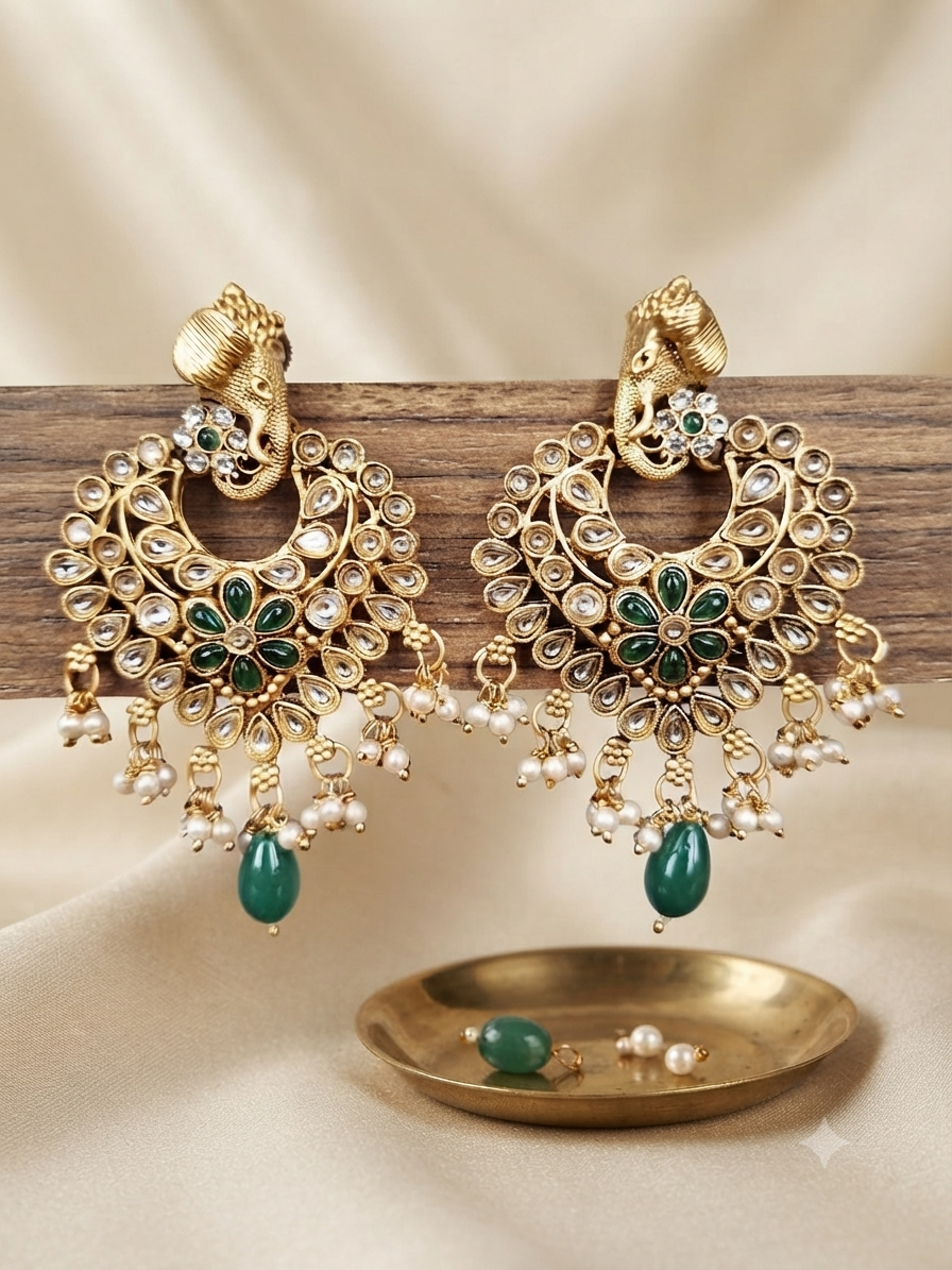 Gajraj Emerald Kundan Chandbali Earrings