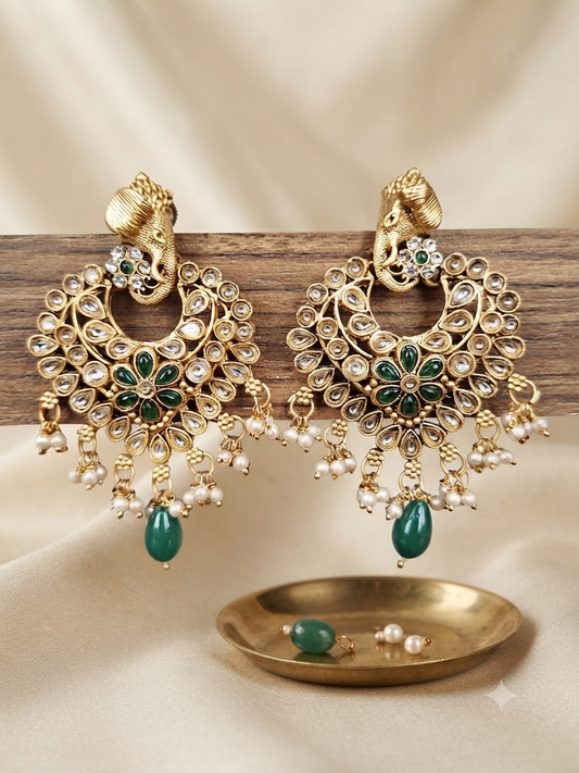 Gajraj Emerald Kundan Chandbali Earrings