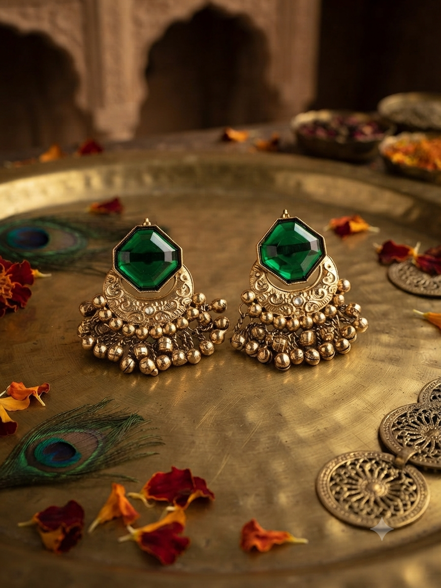 Octagon Chandbali Earrings (Emerald Green)