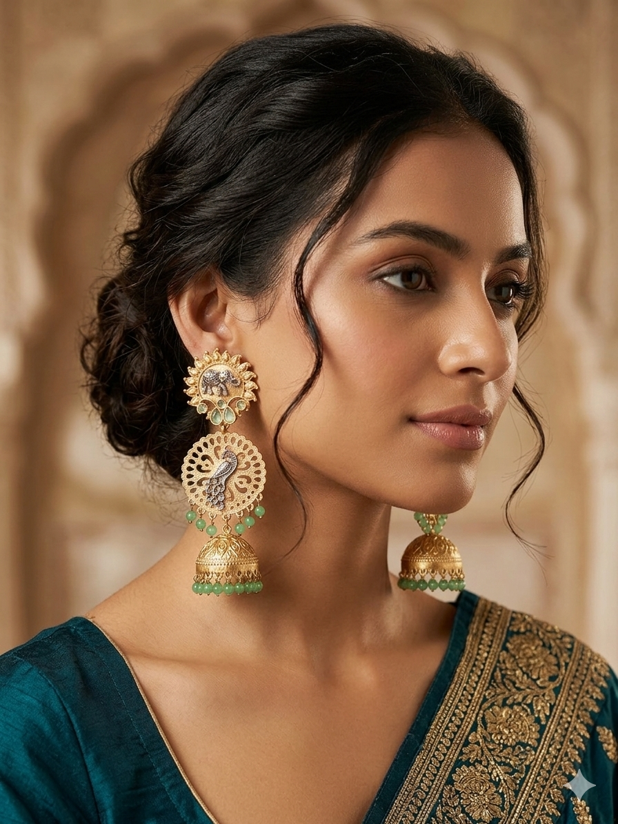 Peacock & Elephant Heritage Jhumka Earrings