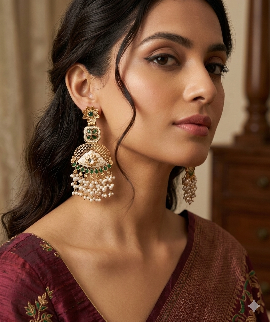 Emerald Meenakari Pearl Cascade Earrings