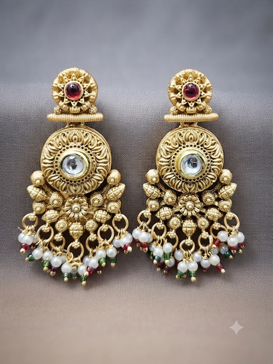 Antique Gold Kundan Medallion Drop Earrings (Ruby Red)