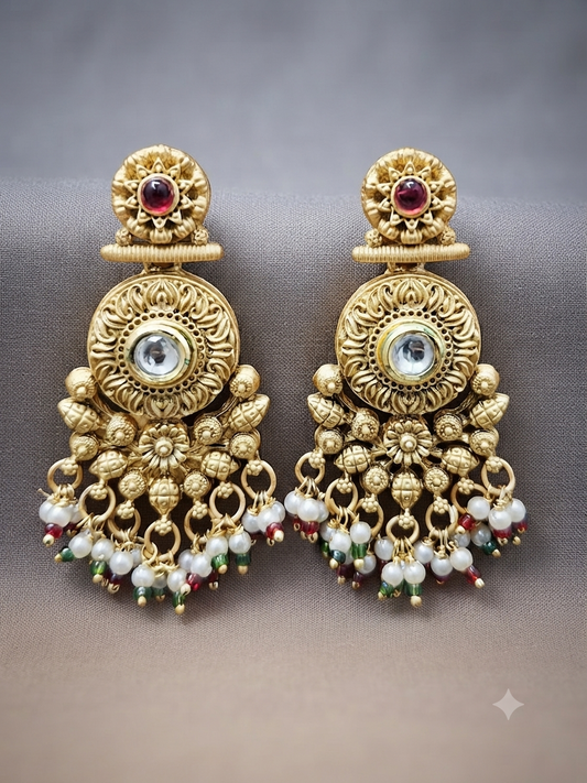 Antique Gold Kundan Medallion Drop Earrings (Ruby Red)