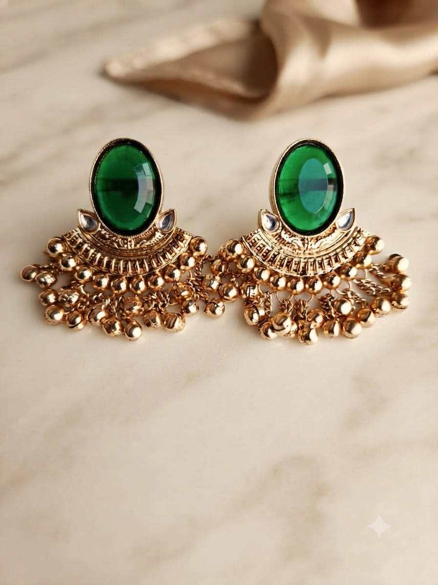 Oval Chandbali Earrings (Emerald Green)