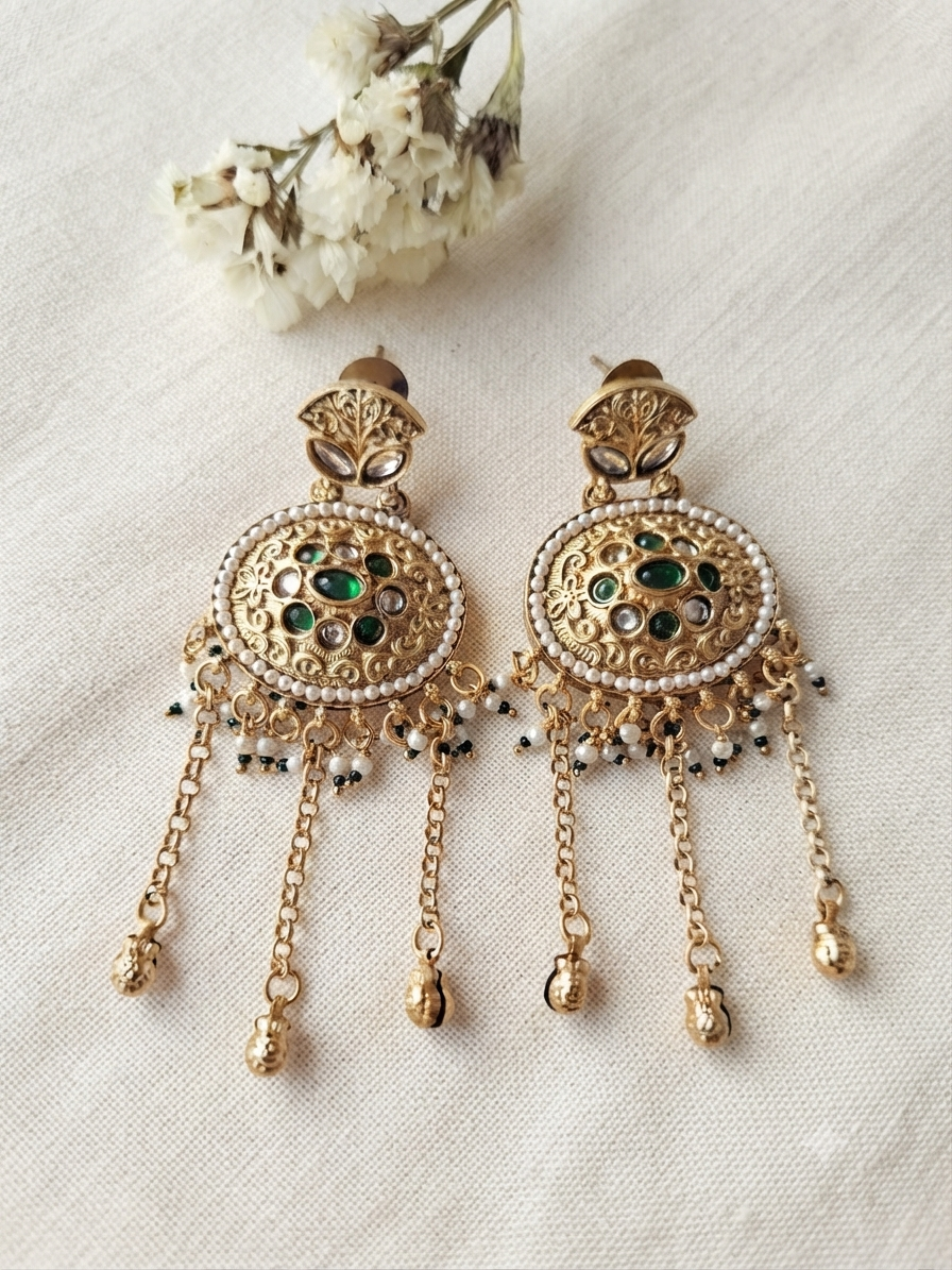 Pearl Filigree Dangle Earrings (Emerald Green)
