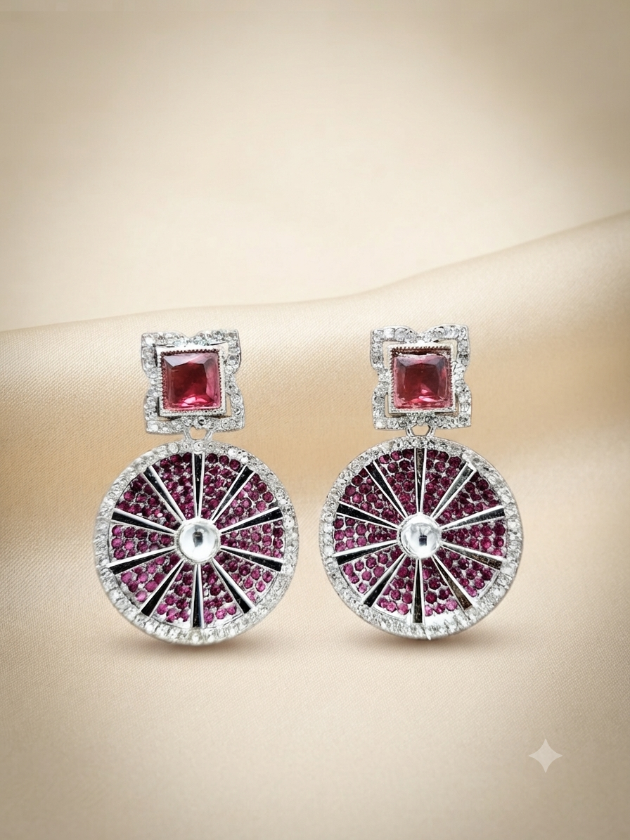 Magenta Wheel Crystal Medallion Earrings