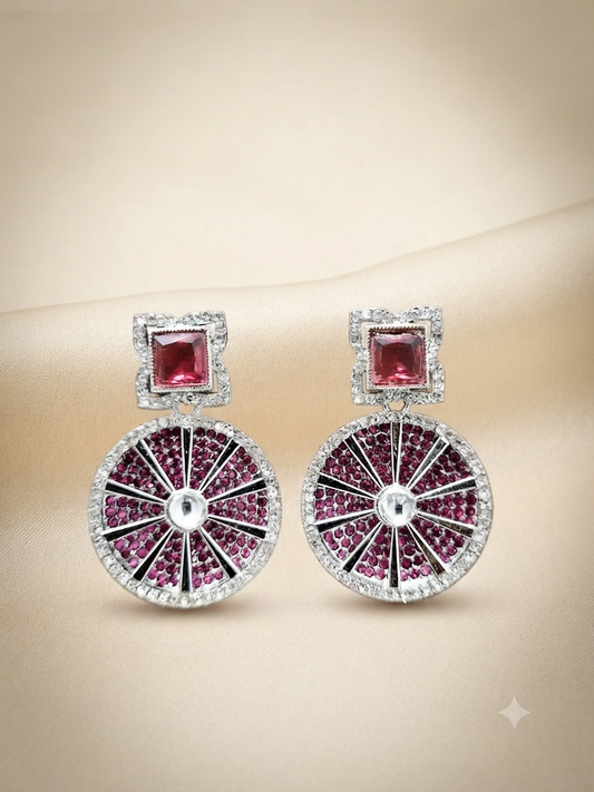 Magenta Wheel Crystal Medallion Earrings