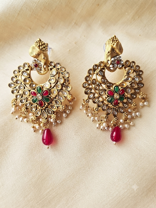Gajraj Ruby Red & Emerald Kundan Chandbali Earrings