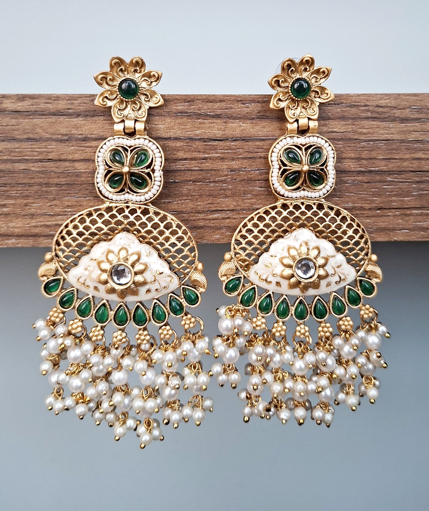 Emerald Meenakari Pearl Cascade Earrings