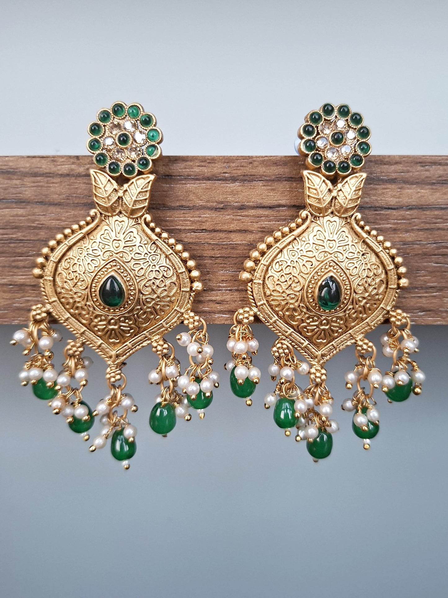 Emerald Floral Temple Drop Earrings