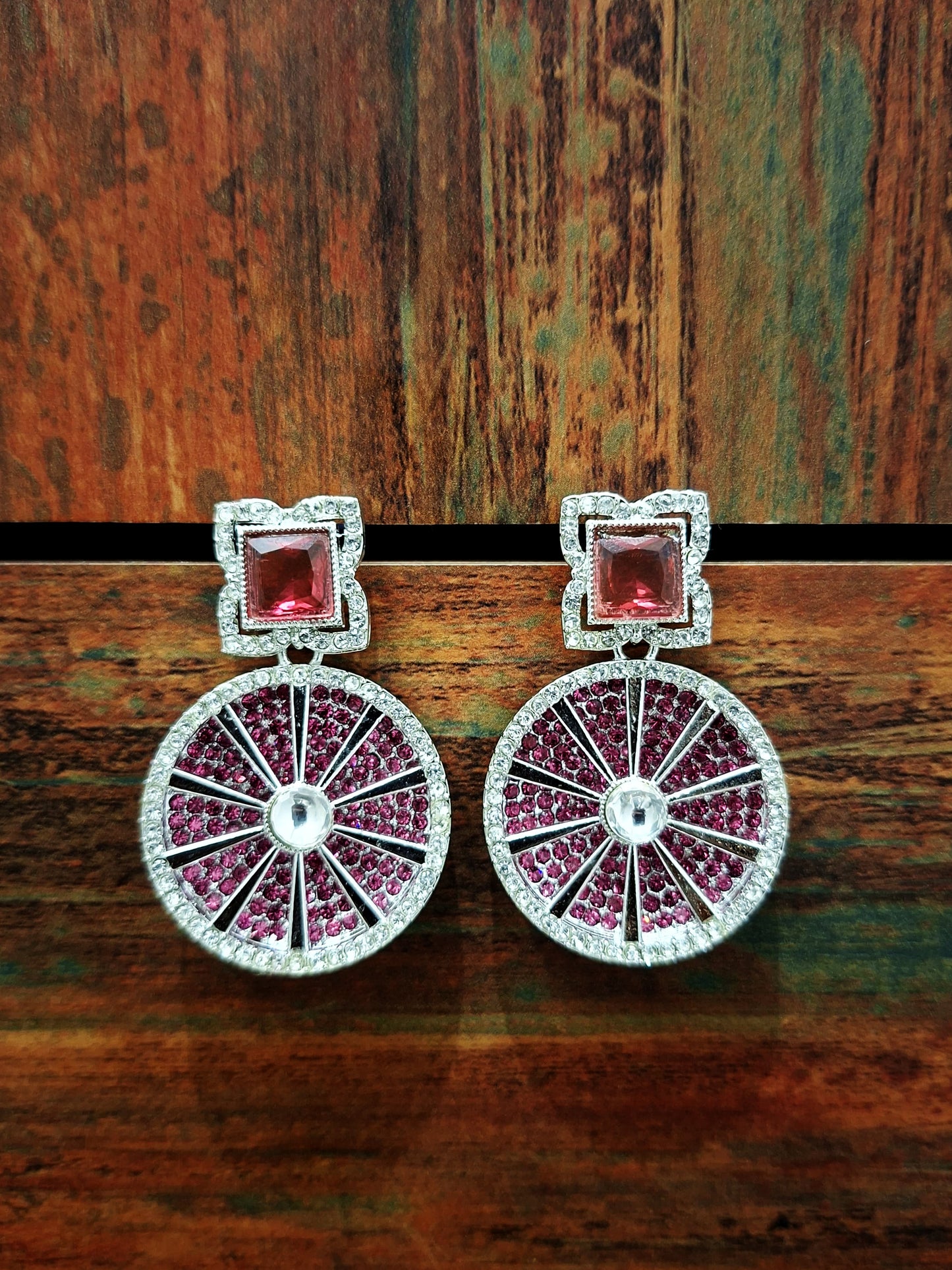 Magenta Wheel Crystal Medallion Earrings