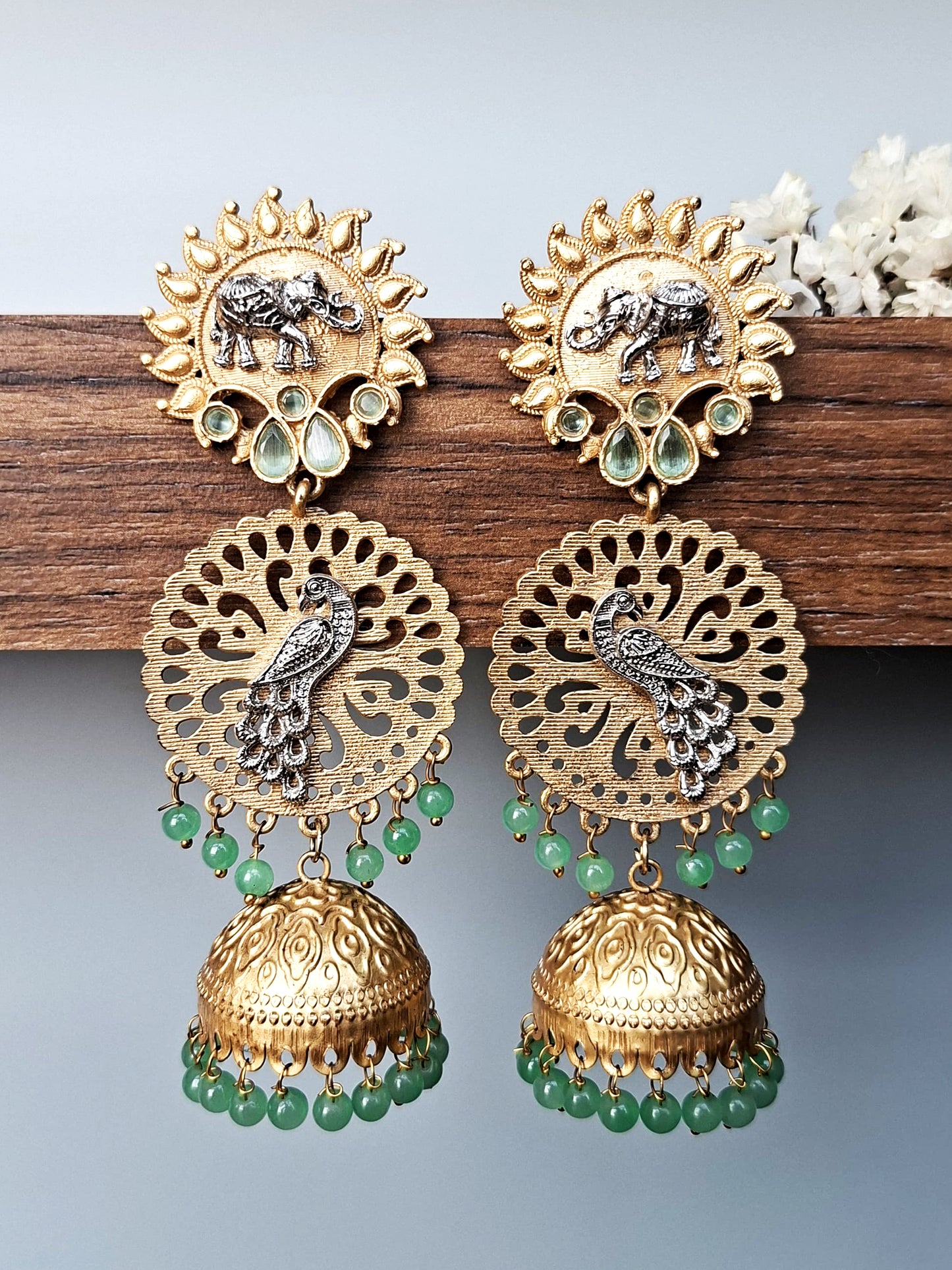 Peacock & Elephant Heritage Jhumka Earrings