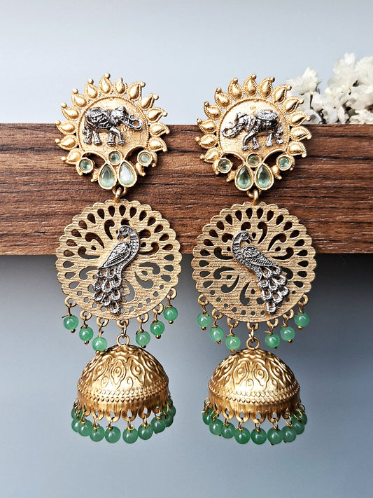 Peacock & Elephant Heritage Jhumka Earrings