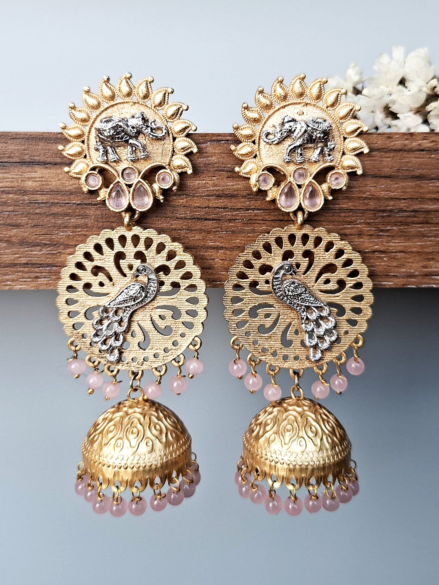 Peacock & Elephant Heritage Jhumka Earrings