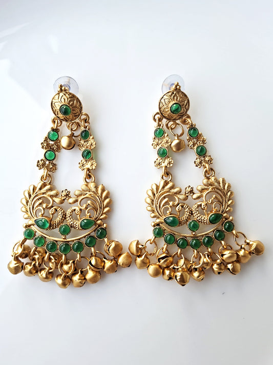 Emerald Peacock Ghungroo Temple Earrings