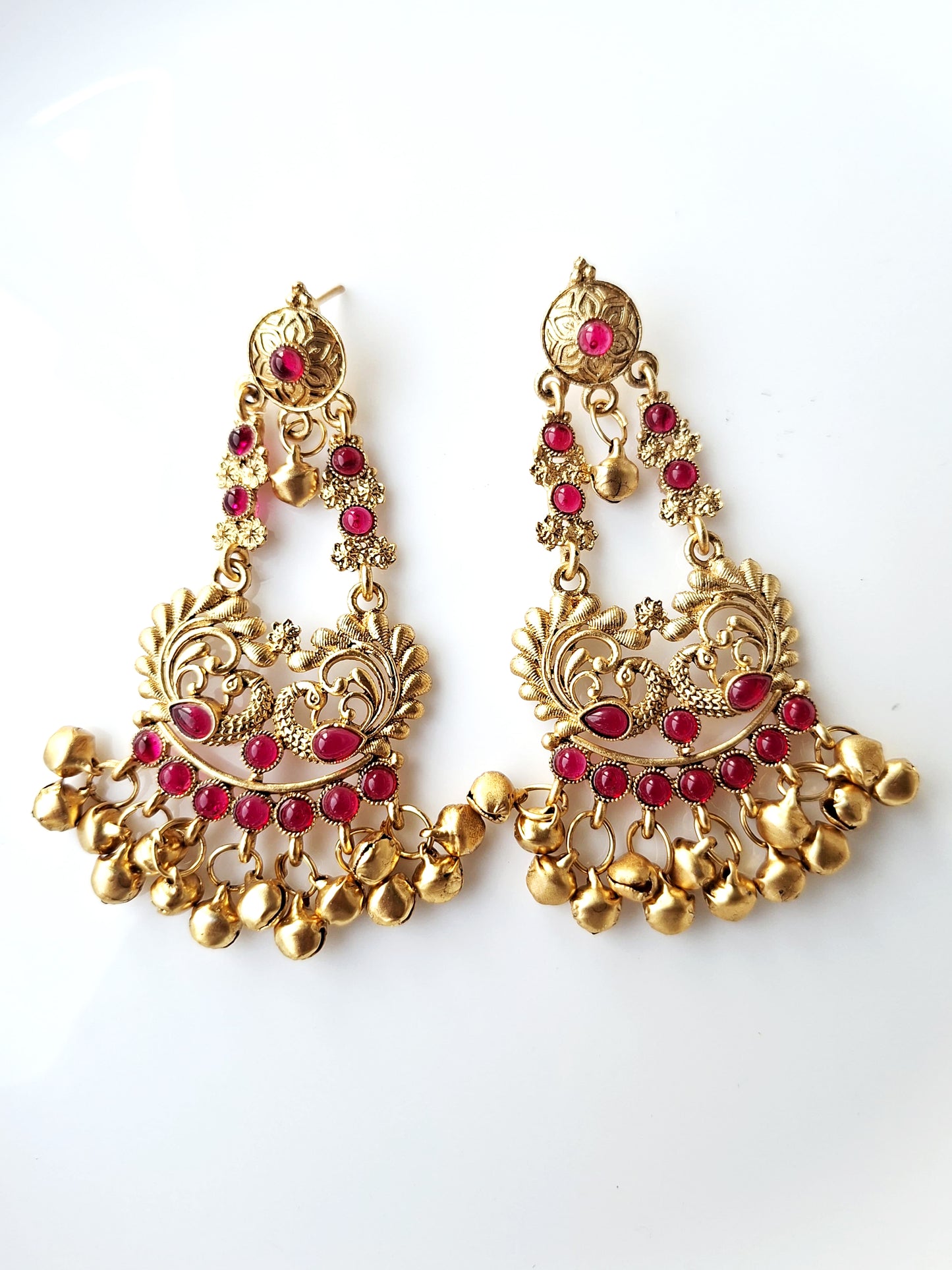 Ruby Peacock Ghungroo Temple Earrings