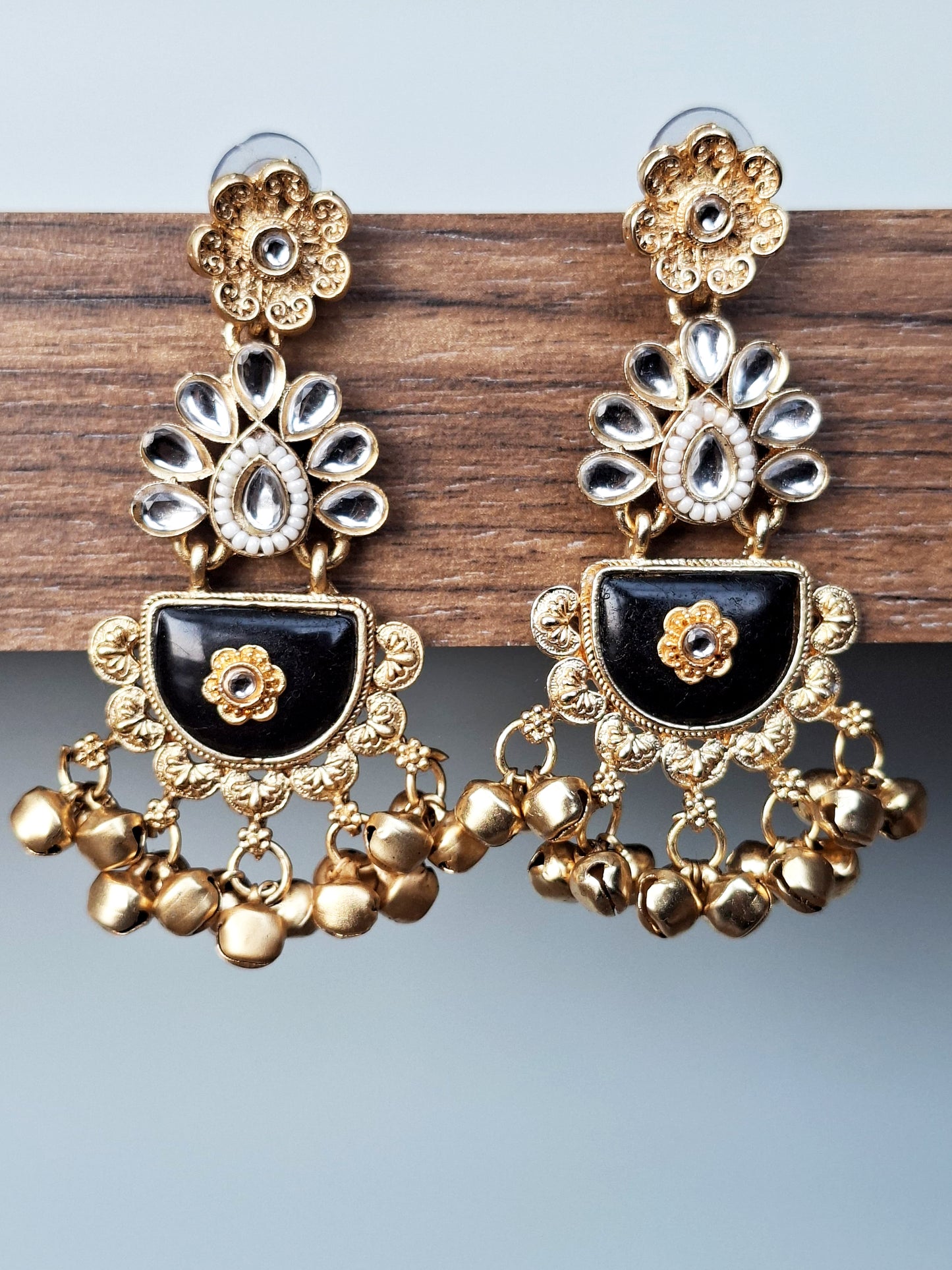 Jet Black Ghungroo Kundan Earrings