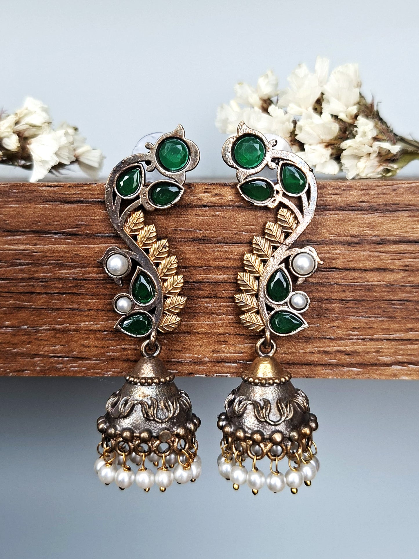 Emerald Leaf Cascade Jhumka Earrings
