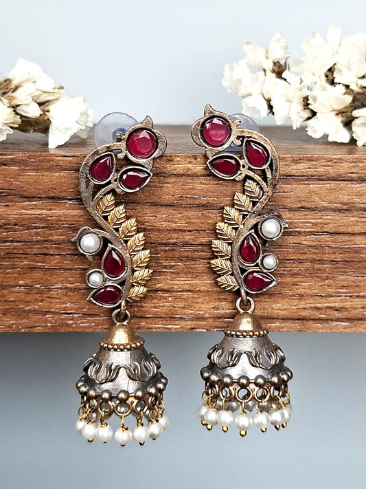 Ruby Leaf Cascade Jhumka Earrings