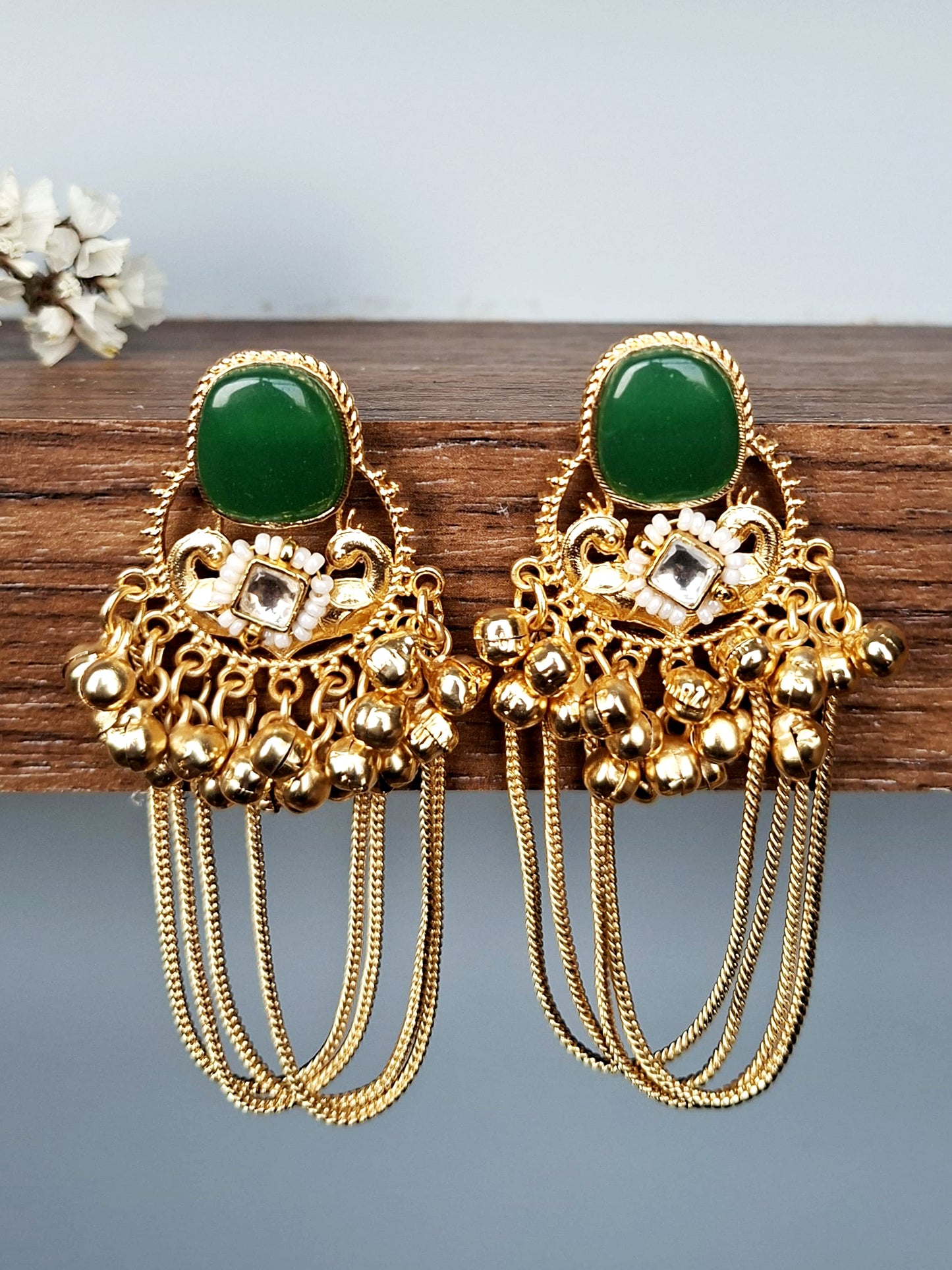 Seafoam Peacock Ghungroo Cascade Earrings