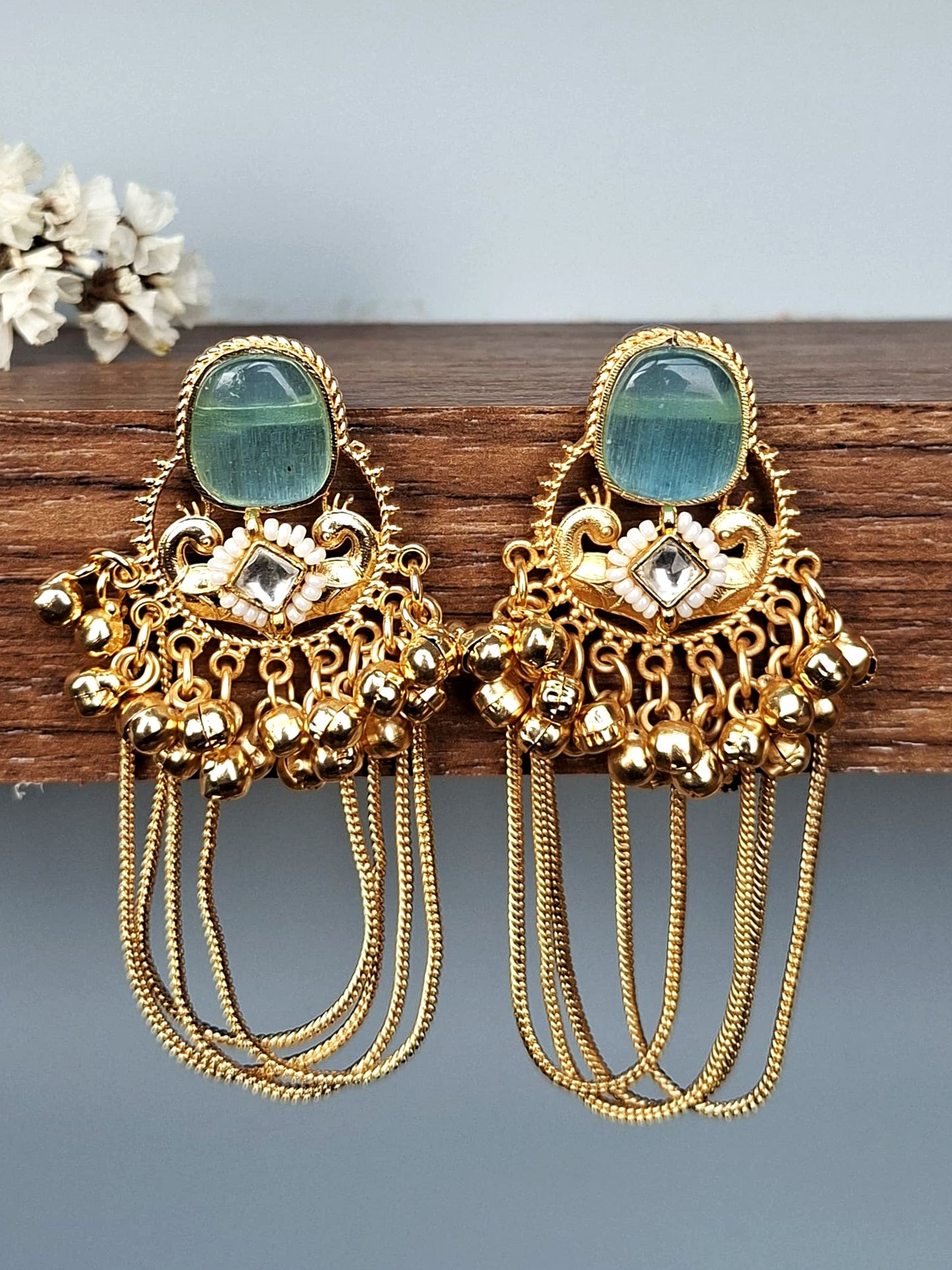 Seafoam Peacock Ghungroo Cascade Earrings