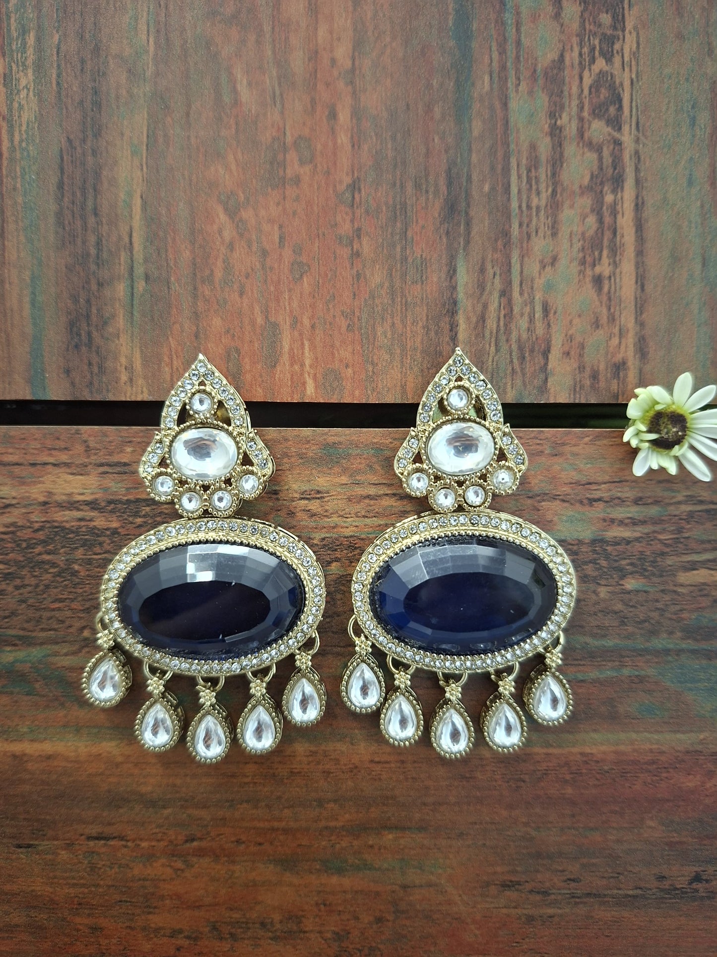 Midnight Blue Kundan Statement Drop Earrings