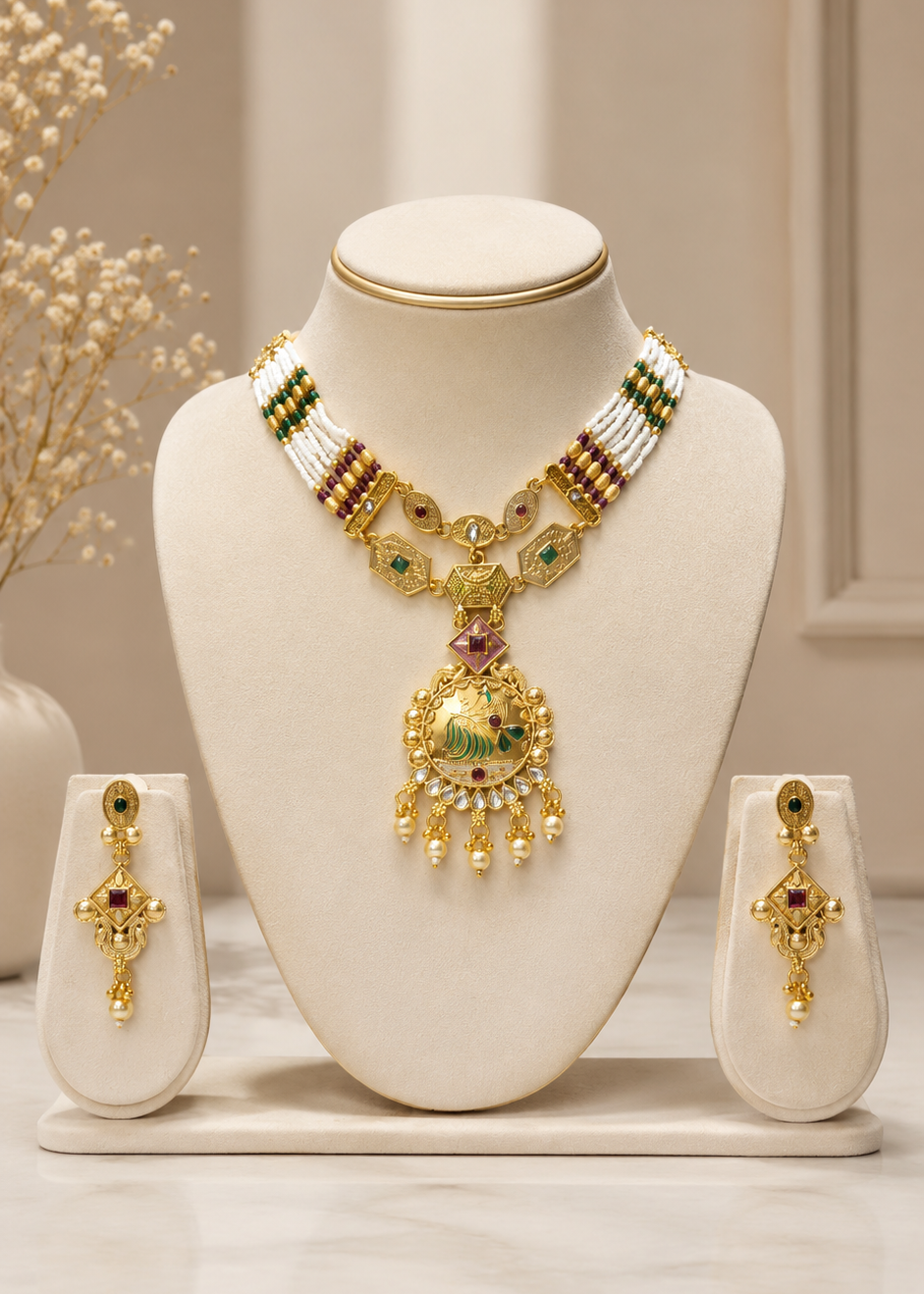 Peacock Heritage Layered Necklace & Earring Set